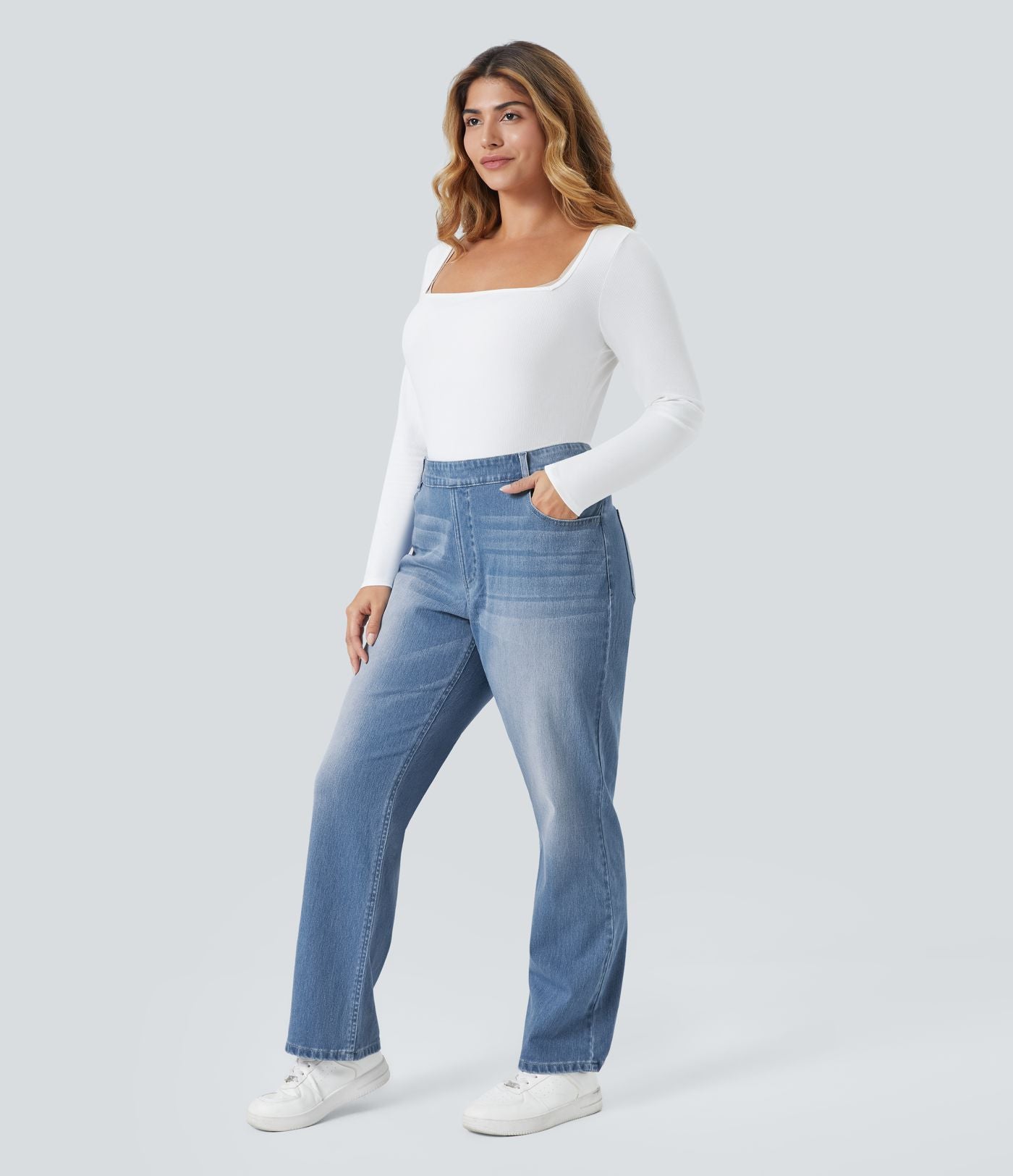 Jean décontracté Halara Flex™ grande taille, taille haute, multiples poches, jambes droites, effet délavé, en maille extensible