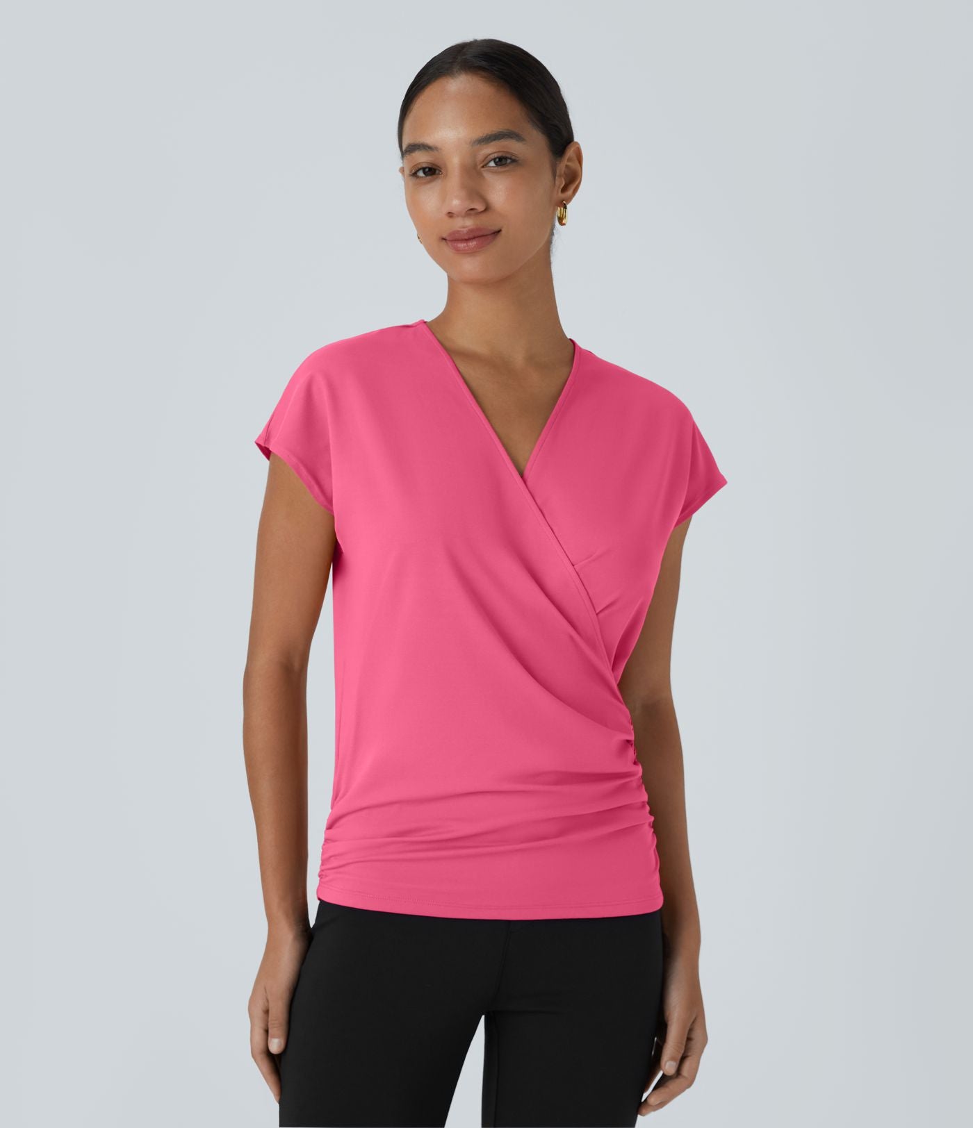 Blouse Travail Unie Froncée Croisée Manches Courtes Col en V