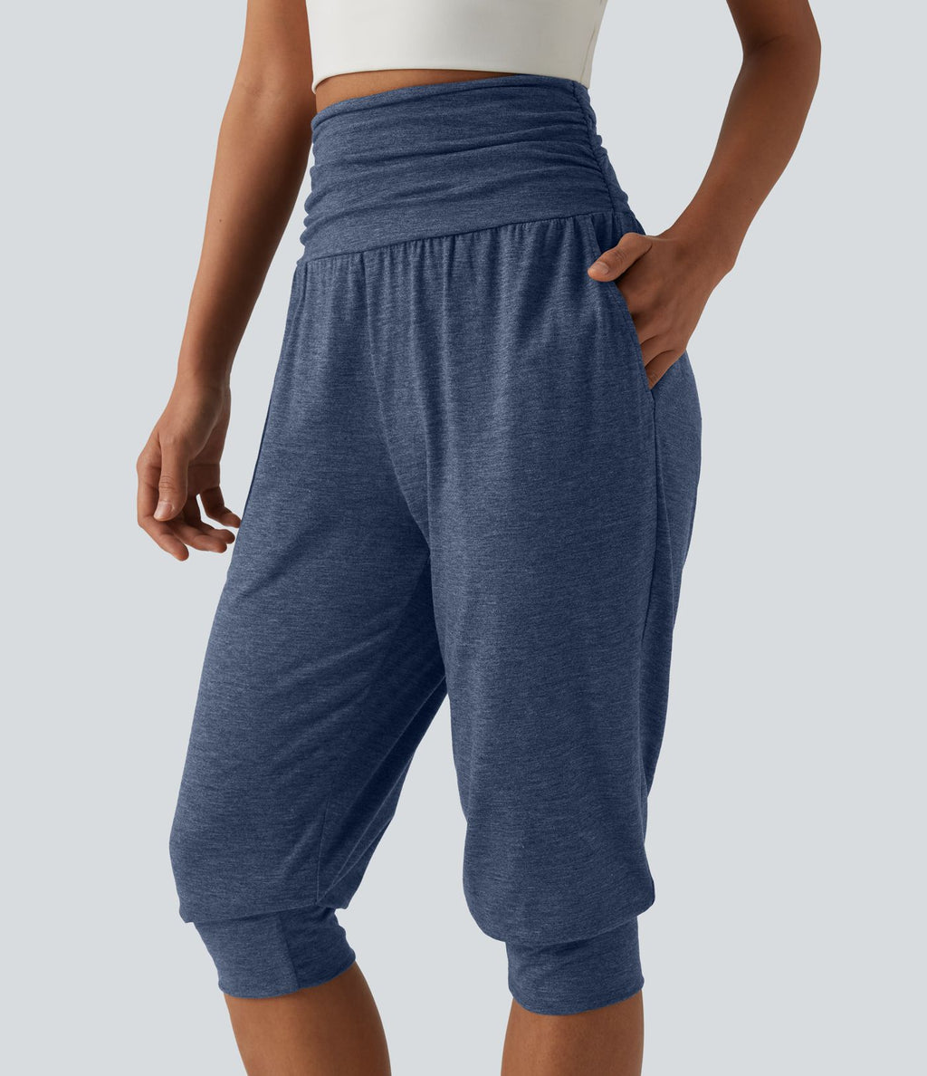 Jogging yoga corsaire chiné taille haute à fronces avec poches