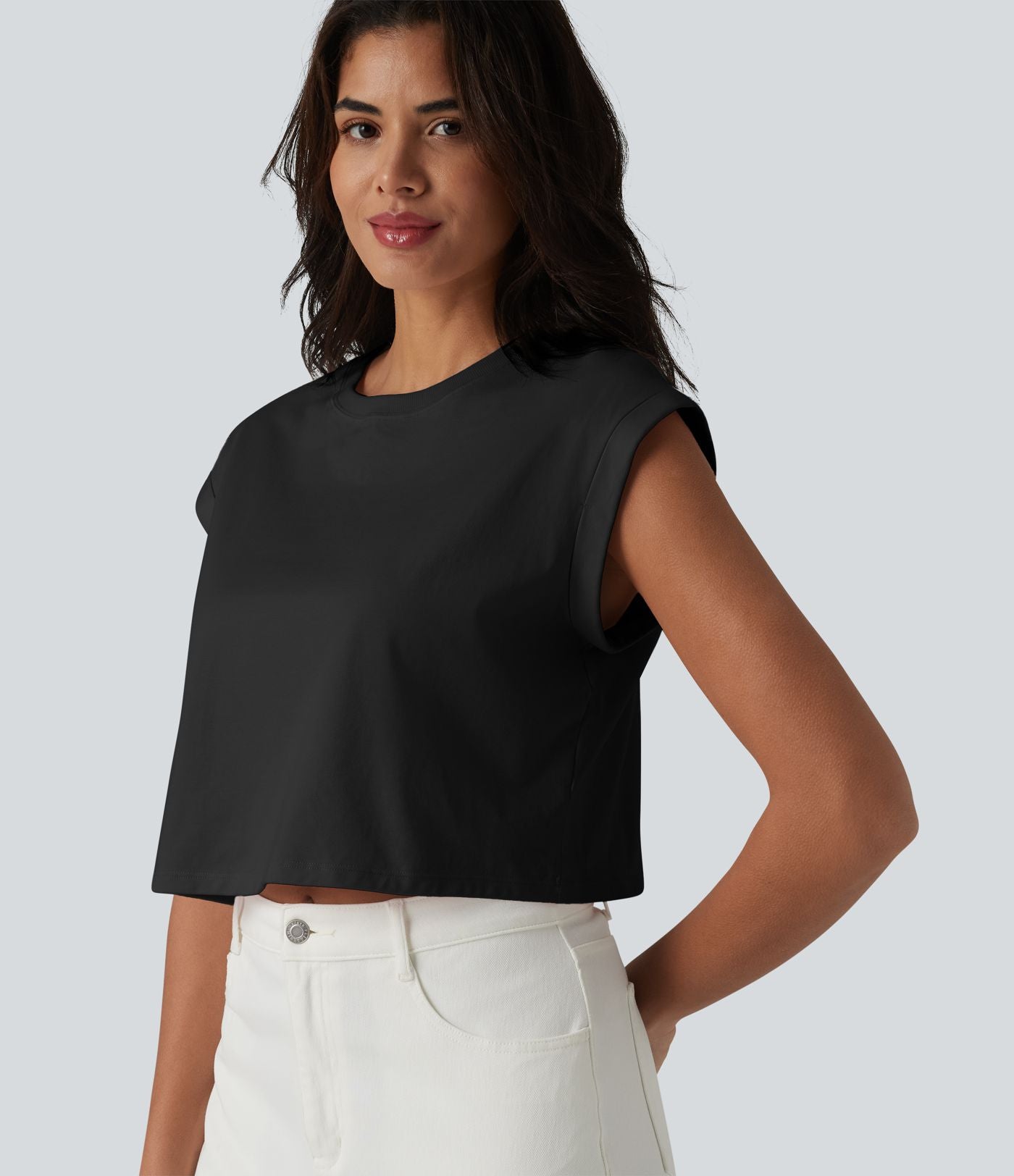 T-shirt casual raccourci en coton col rond à manches courtes couvrantes