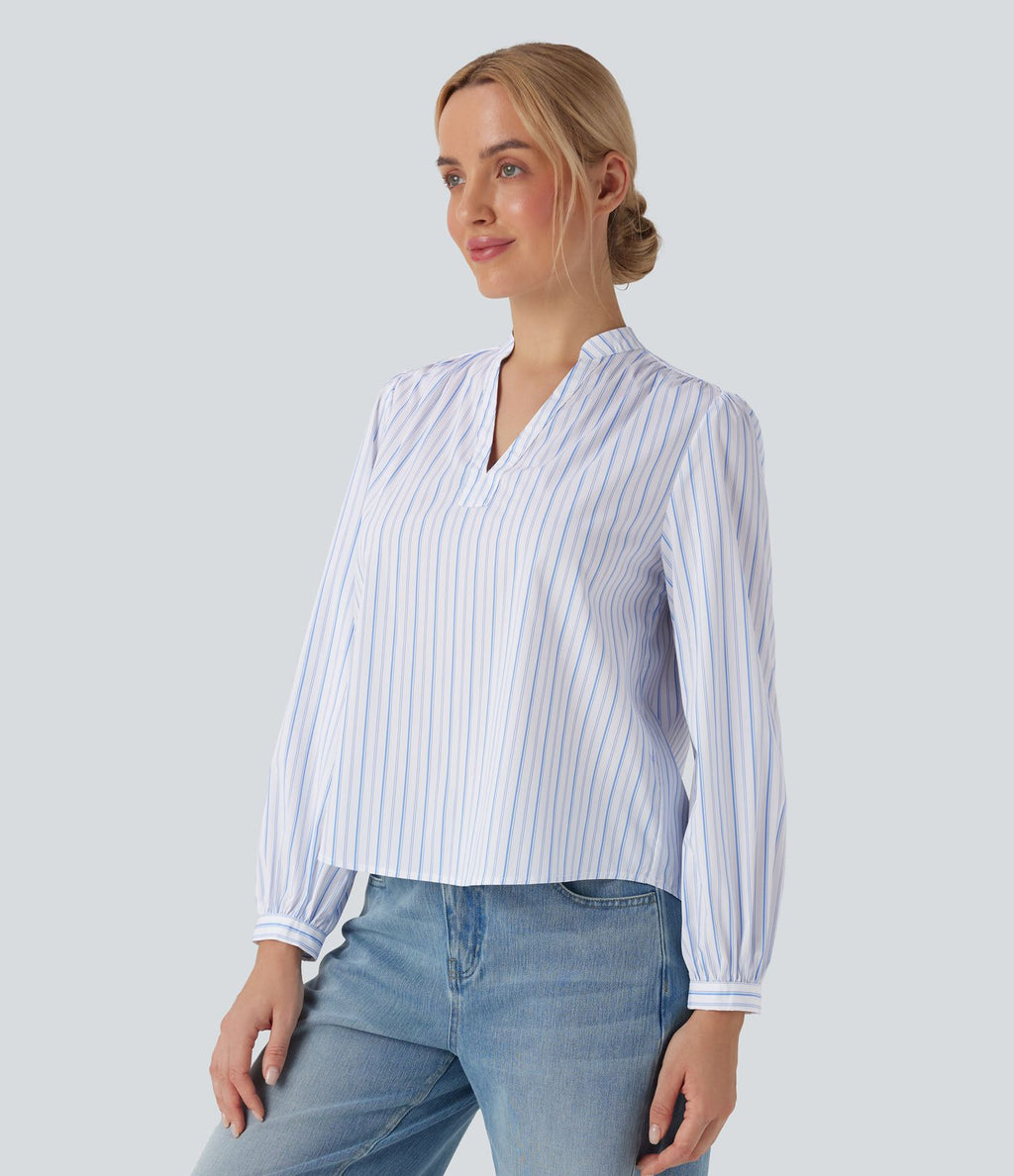 Blouse décontractée col V asymétrique imprimé rayé