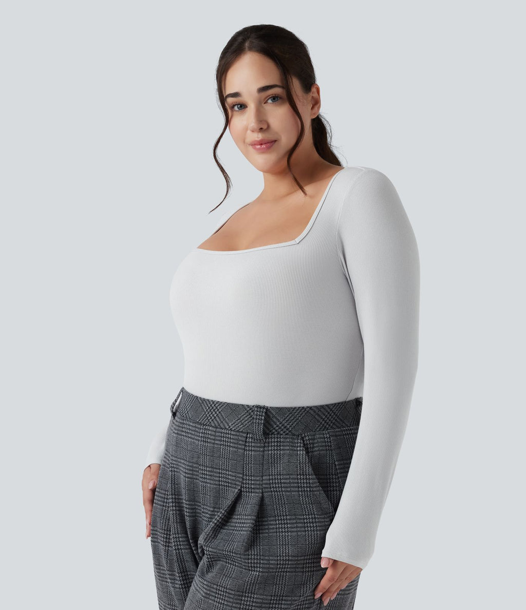 Body grande taille maille côtelée col carré manches longues ajusté