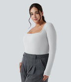 Body grande taille maille côtelée col carré manches longues ajusté