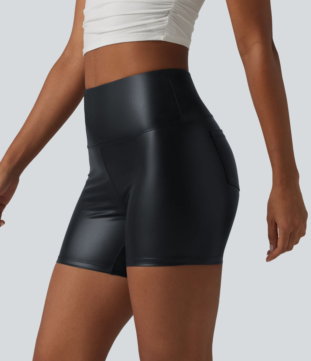 Short de cycliste casual en PU stretch gainant taille haute 12,5 cm avec poches