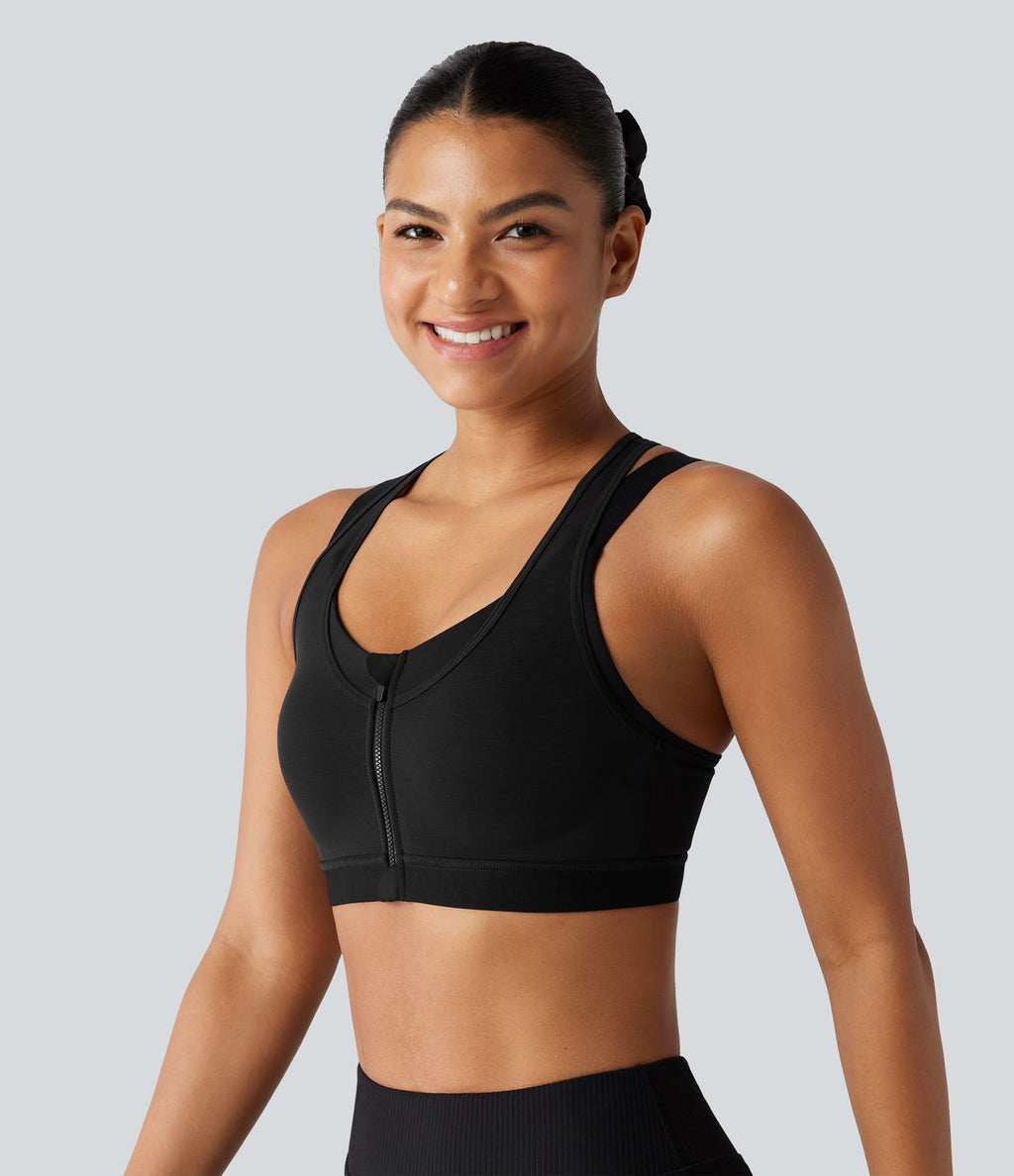 Brassière de sport d'entraînement maintien moyen col rond échancré dos nageur avec fermeture éclair, mesh contrasté et coussinets non amovibles