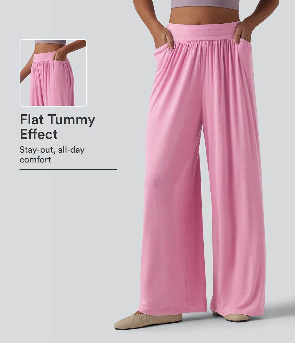 Pantalon ample décontracté côtelé taille haute ventre plat avec poches