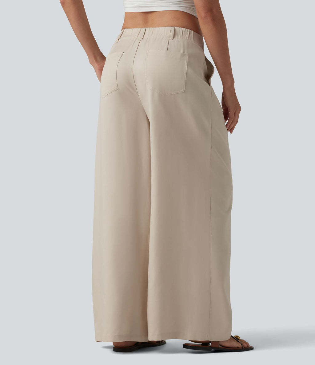 Pantalon ample décontracté en lyocell et lin mélangé, taille mi-haute, plissé, avec poches