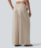 Pantalon ample décontracté en lyocell et lin mélangé, taille mi-haute, plissé, avec poches