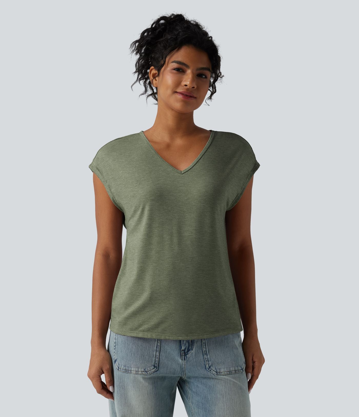 T-shirt décontracté chiné ample à manches courtes et col V
