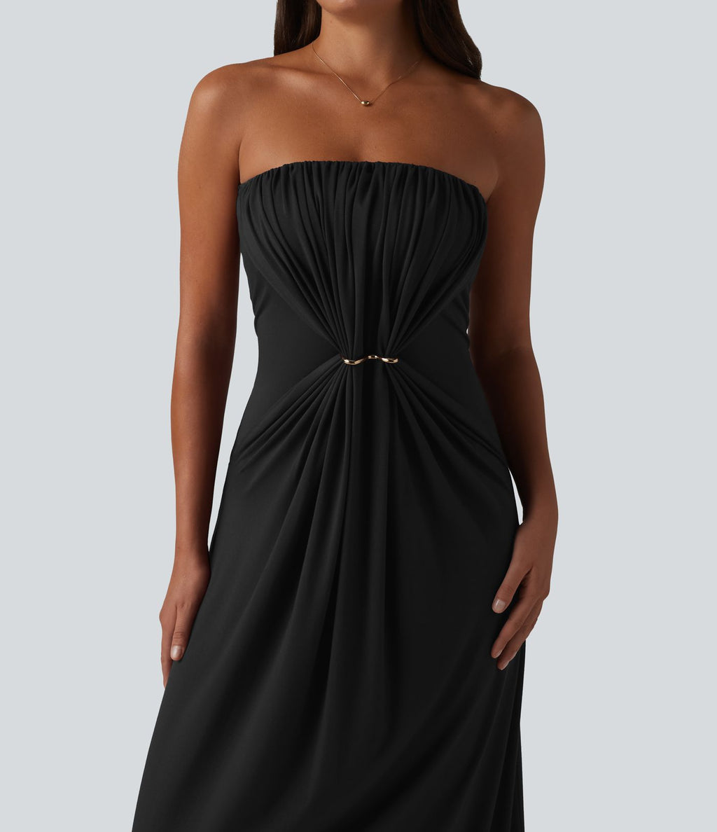 Robe longue casual bustier froncée avec brassière intégrée et poches