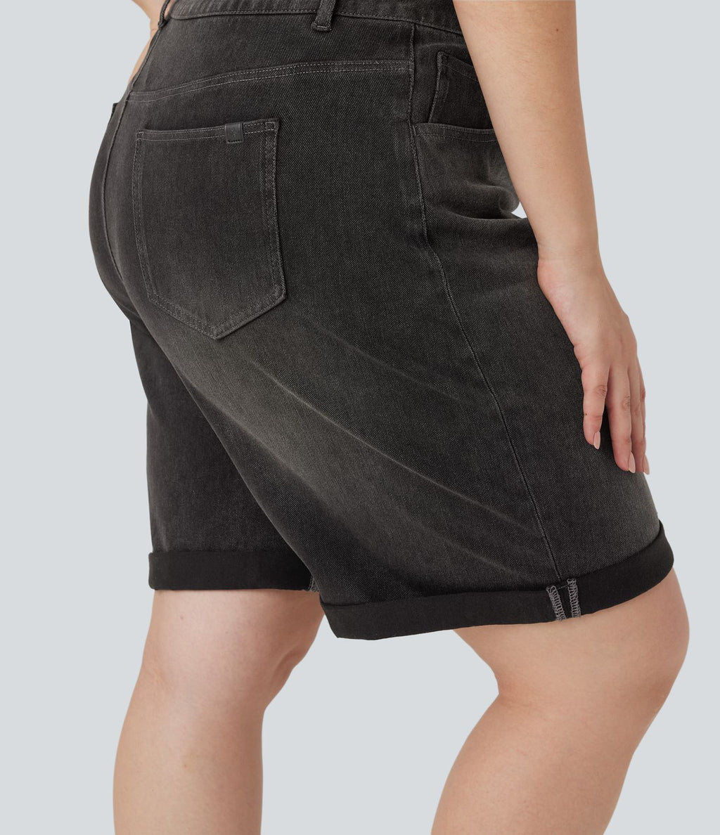 Short bermuda casual denim grande taille Halara Flex™ tricot extensible délavé taille haute multiples poches ourlet roulotté