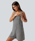 Salopette-short casual effet lin à carreaux avec poches