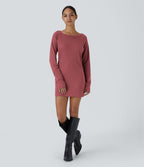 Robe Sweatshirt Casual Col Bateau Manches Raglan Avec Trous Pour Les Pouce Ourlet Fendu en Waffle