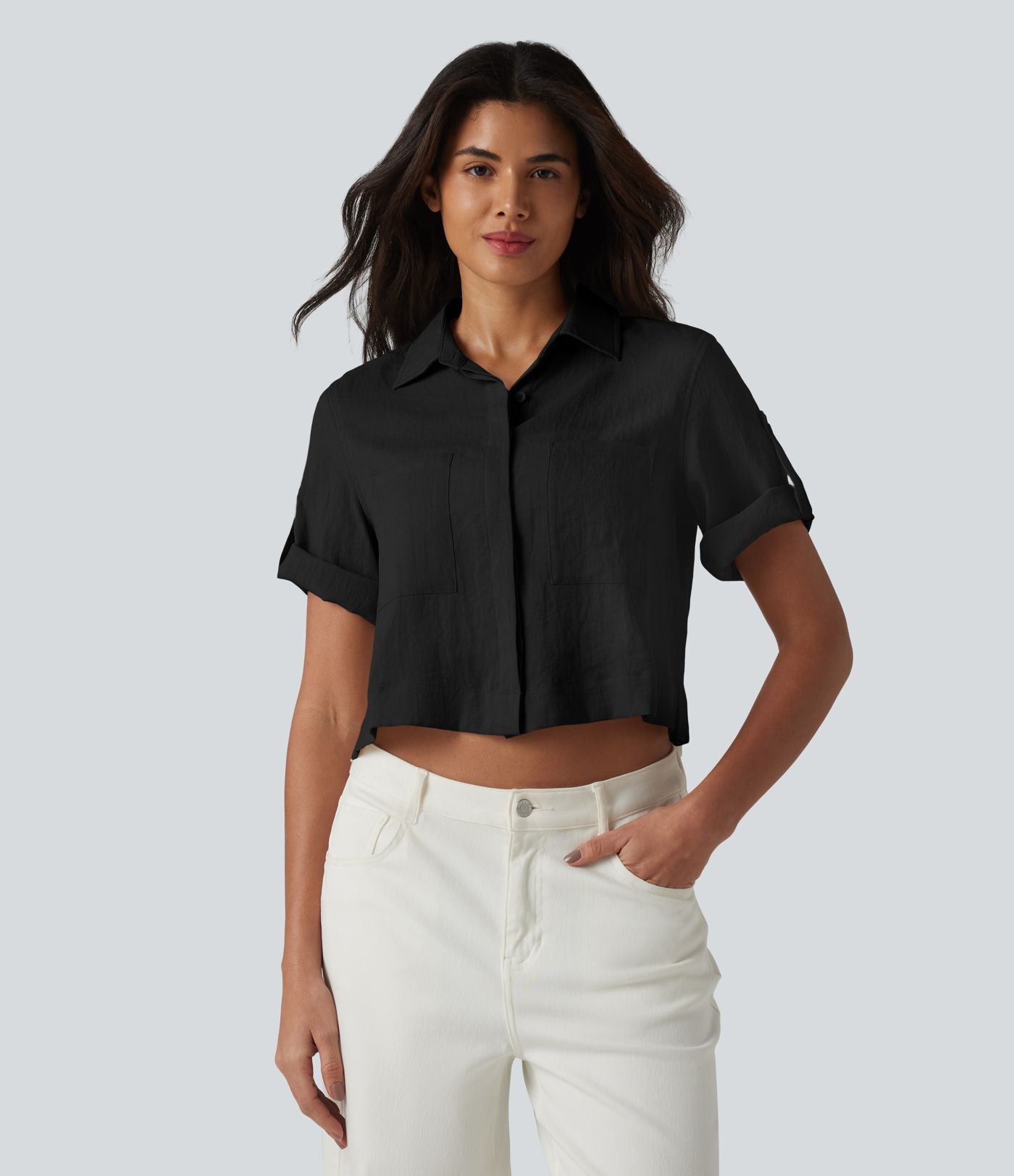 Chemise courte col classique manches courtes retroussées en mélange lin avec poches