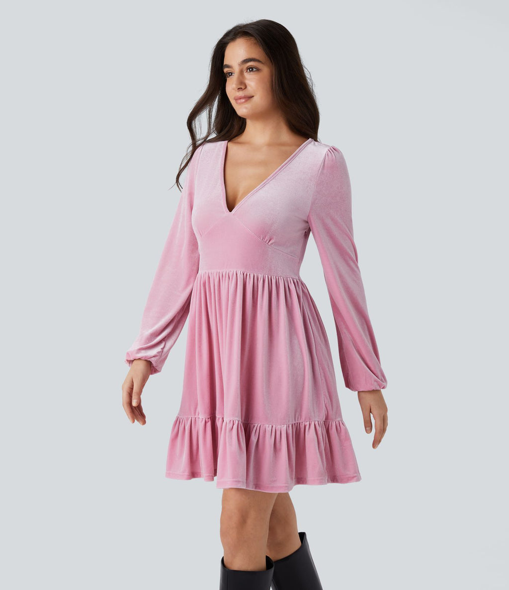 Quotidien Robe de Soirée Mini en Velours à Encolure en V Profond et Ourlet Volanté