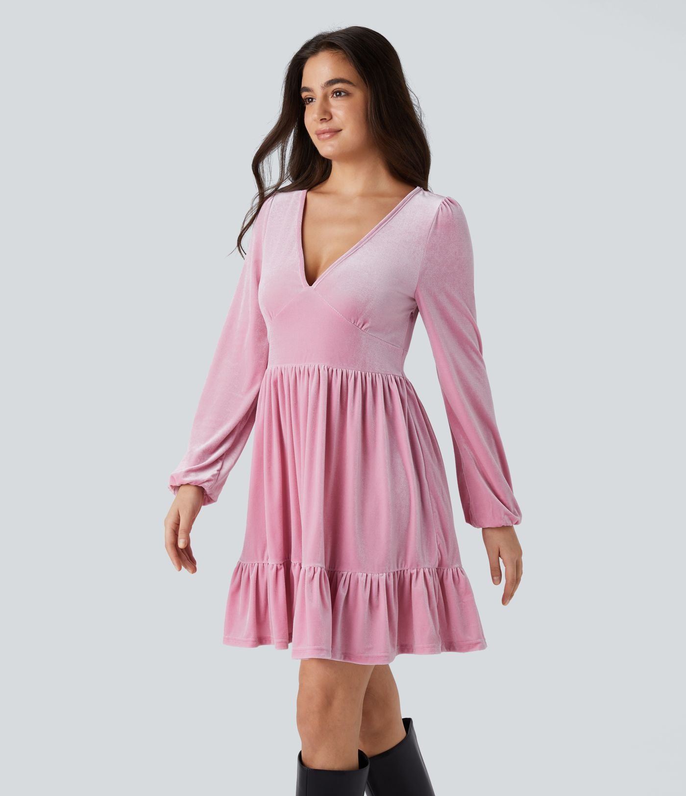 Quotidien Robe de Soirée Mini en Velours à Encolure en V Profond et Ourlet Volanté