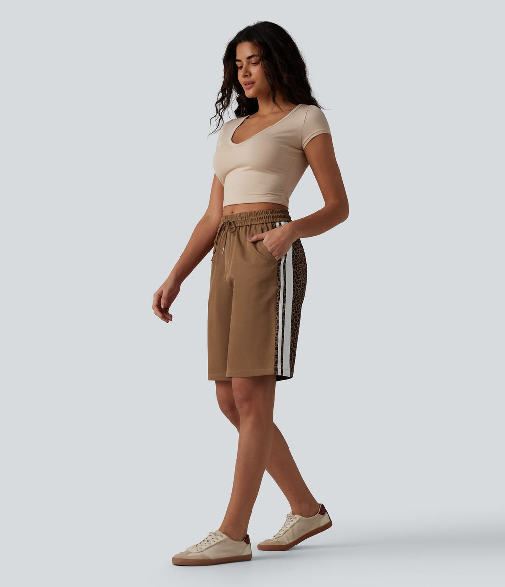 Short ample décontracté à taille mi-haute, cordon de serrage, rayures contrastées léopard, 25 cm, avec poches