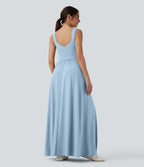 Robe maxi fluide dos nu, avec brassière intégrée et poches