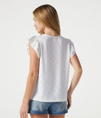 Top casual col rond à manches à volants en broderie anglaise