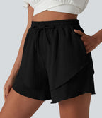 Short taille haute 12,5 cm à cordon de serrage et ourlet volants superposés avec poches