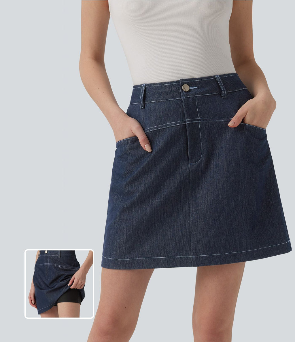 Jupe mini évasée casual 2-en-1 aspect denim taille haute avec poches