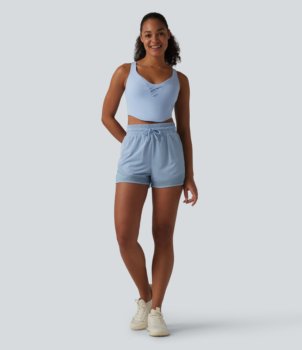 Short de sport 2 en 1 taille haute, cordon de serrage et œillets, en maille respirante