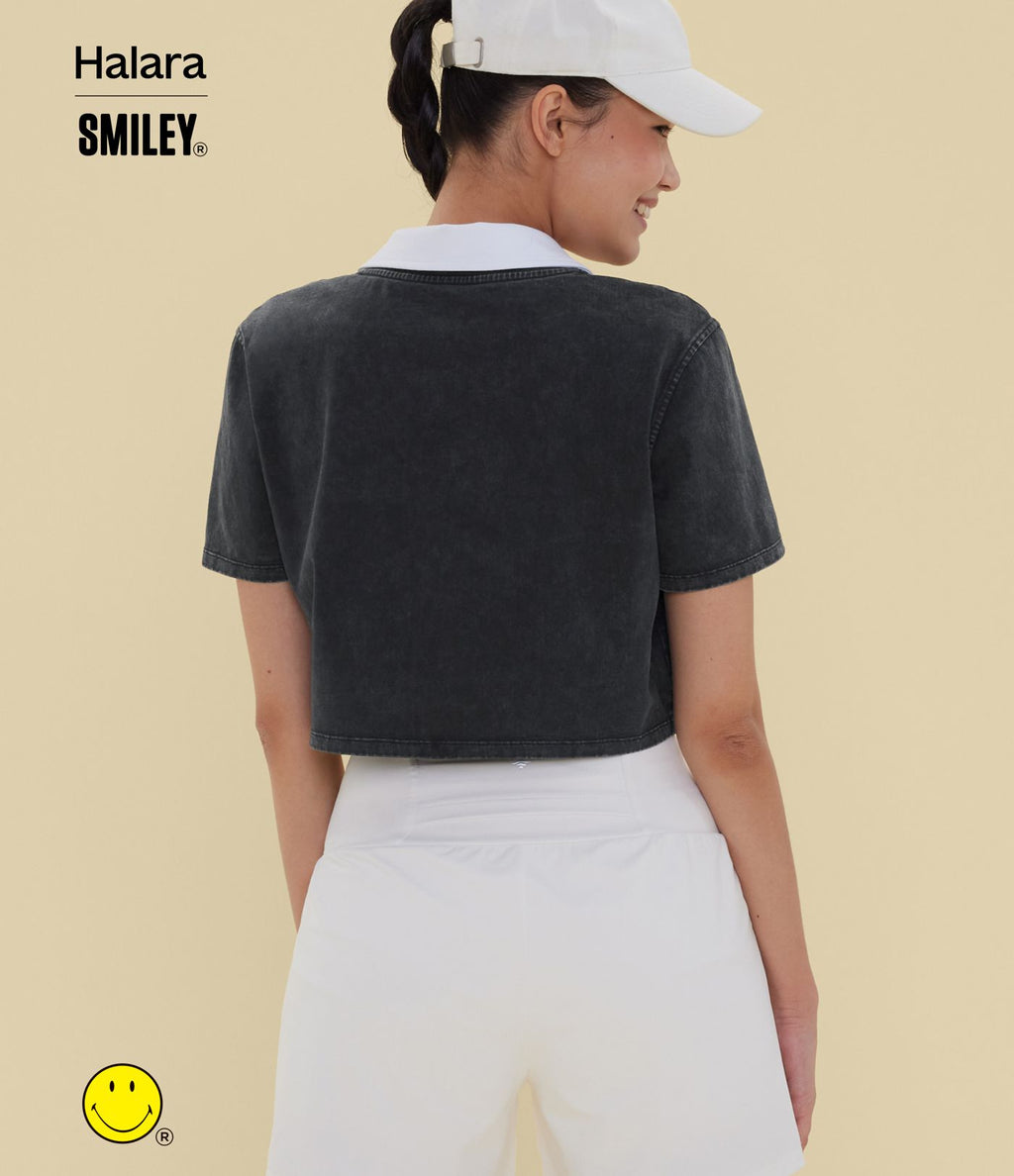 T-shirt casual en coton délavé Halara X Smiley® col rond à manches courtes