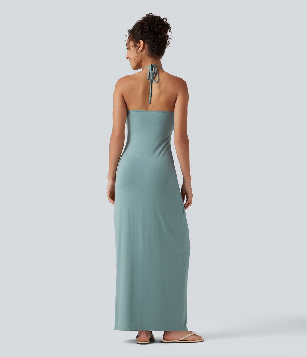 Robe longue dos nu à nouer avec soutien-gorge intégré et poches
