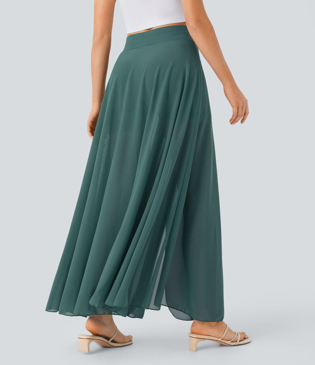 Jupe longue fluide 2-en-1 taille haute avec empiècements en résille