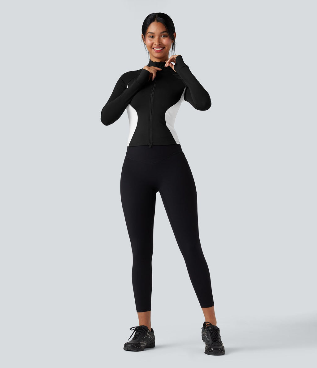 Veste yoga SoftlyZero™ Airy col montant manches longues passe-pouces color block effet frais InstantCool, protection solaire UPF50+