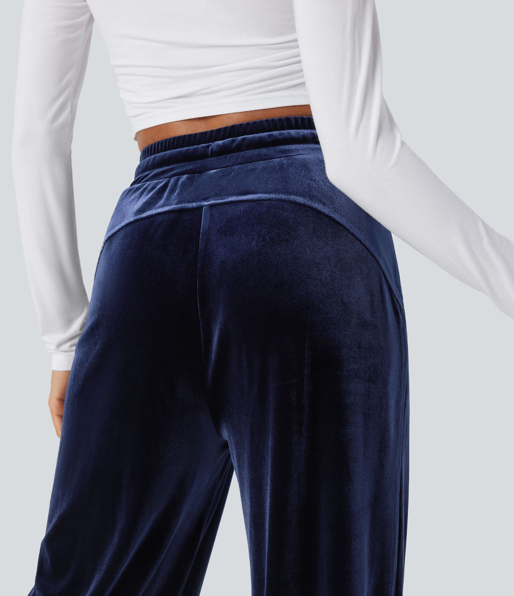 Pantalon décontracté large en velours, taille haute, avec cordon et poches