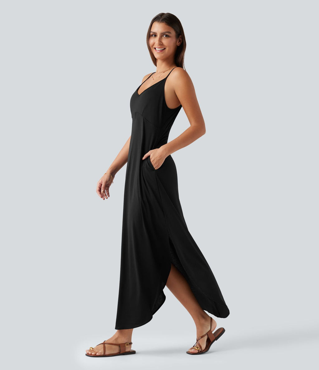 Robe longue décontractée col V style nuisette avec fente et poches