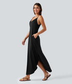Robe longue décontractée col V style nuisette avec fente et poches