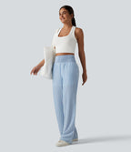 Pantalon coupe droite décontracté 2 en 1 taille haute froncé à rayures aspect lin avec poches