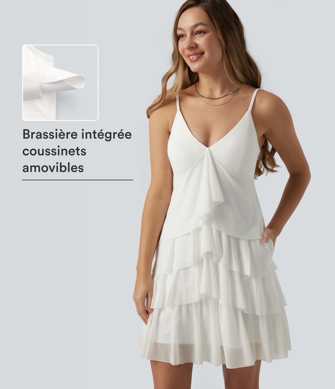 Robe nuisette courte décontractée à volants, dos nu croisé, empiècement en résille, brassière intégrée et poches