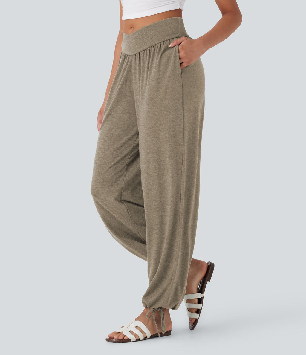 Pantalon de jogging décontracté à taille haute croisée avec poches latérales et cordon de serrage