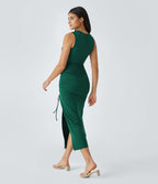 Robe Midi Casual Moulante  Ourlet Fendu Col Rond Découpes Torsadées Froncée Cordon Serrage