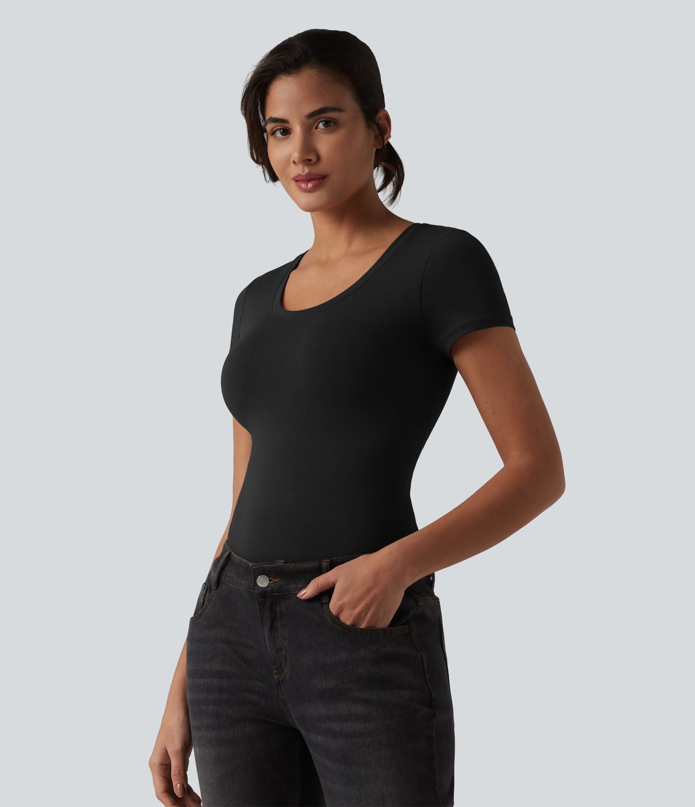 Halara T-shirt en jersey de coton col rond échancré manches courtes avec soutien-gorge intégré bonnets B-DD