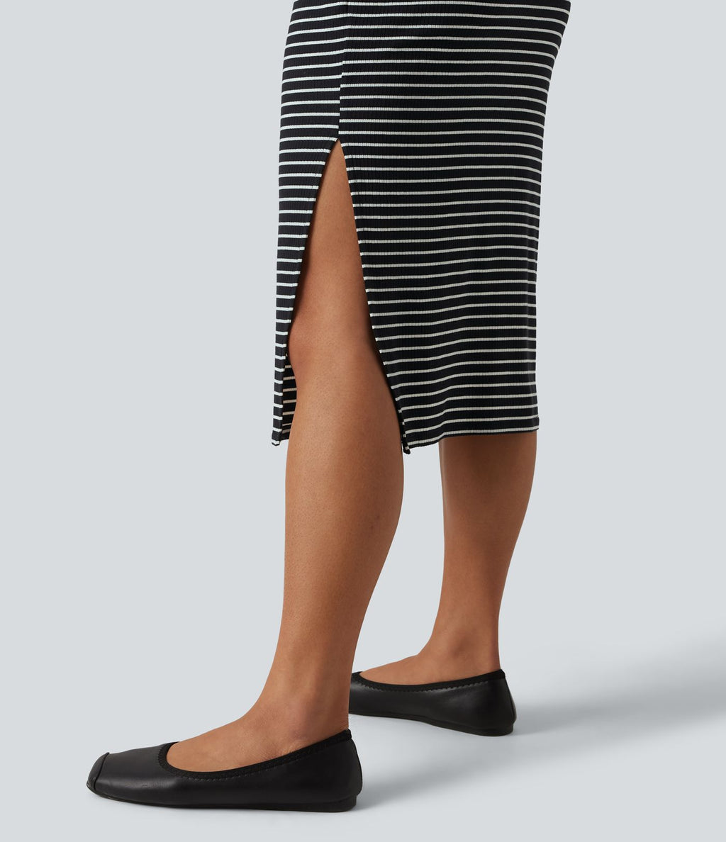 Robe midi moulante casual col rond sans manches à rayures