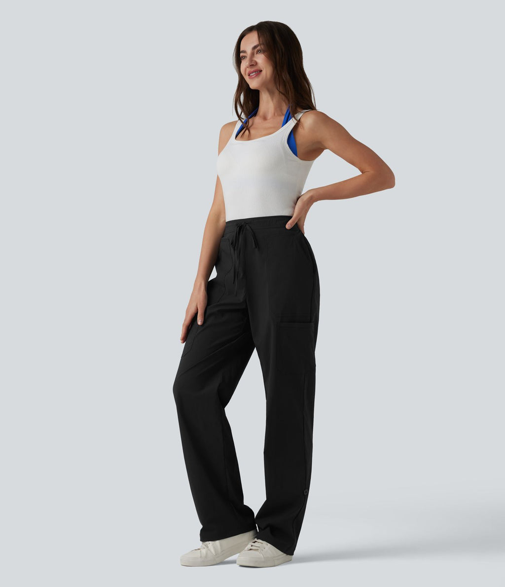 Pantalon cargo droit taille mi-haute avec cordon de serrage, longueur ajustable et poches