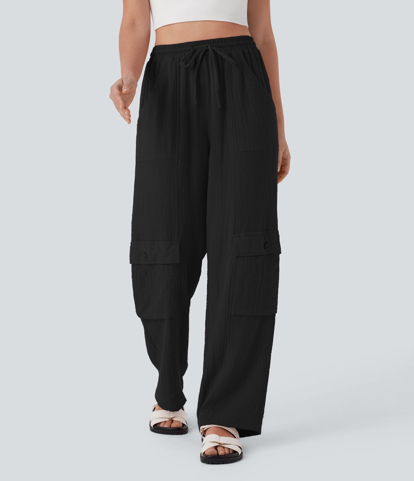 Pantalon cargo large fluide en coton taille haute avec cordon de serrage et poches