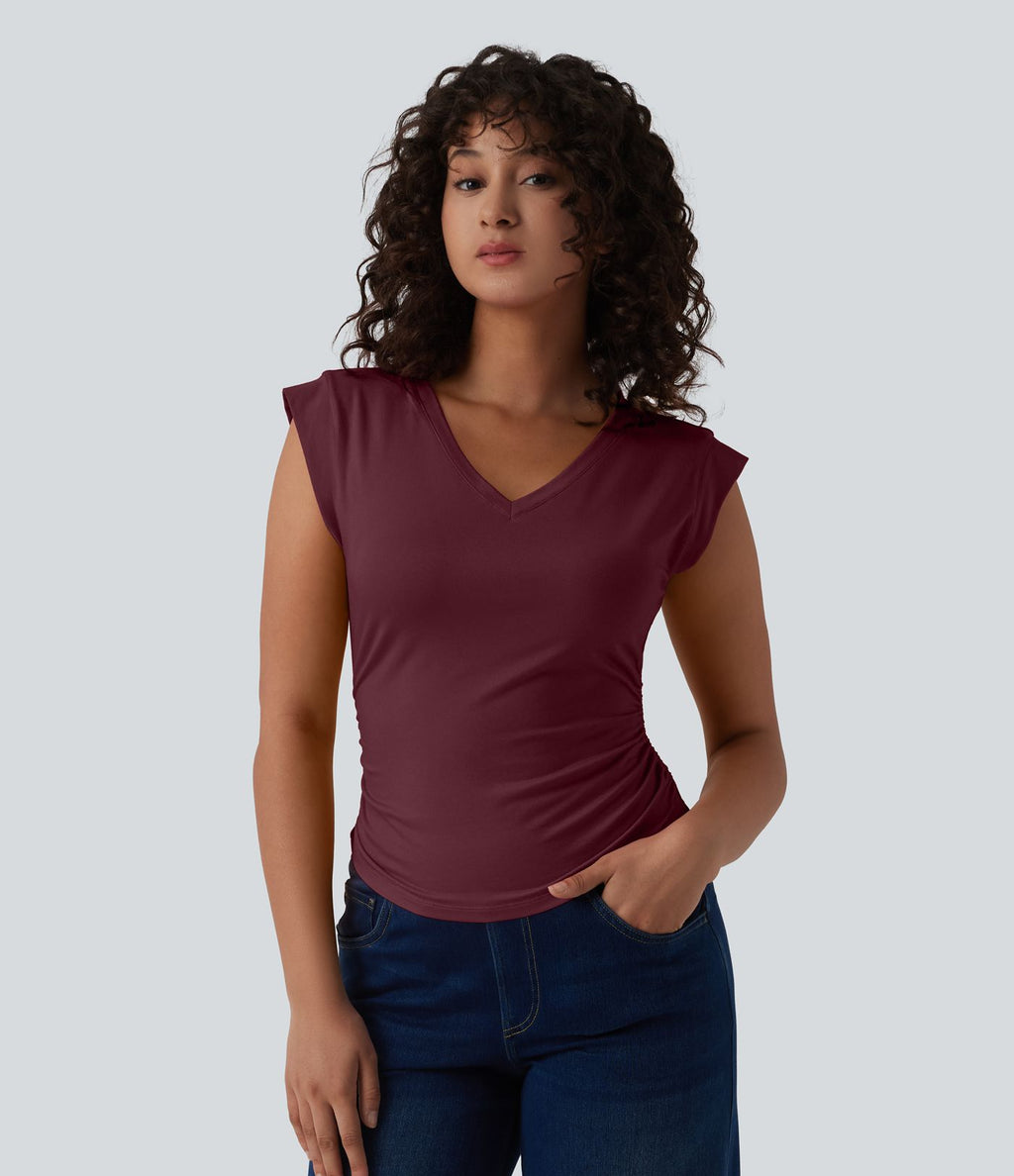 T-shirt décontracté col V manches courtes ourlet arrondi froncé
