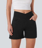 Halara Flex™ Short décontracté évasé à jambe large en denim extensible délavé taille haute croisée avec poches multiples