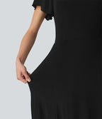 Robe maxi fluide col carré manches courtes soutien-gorge intégré dos noué