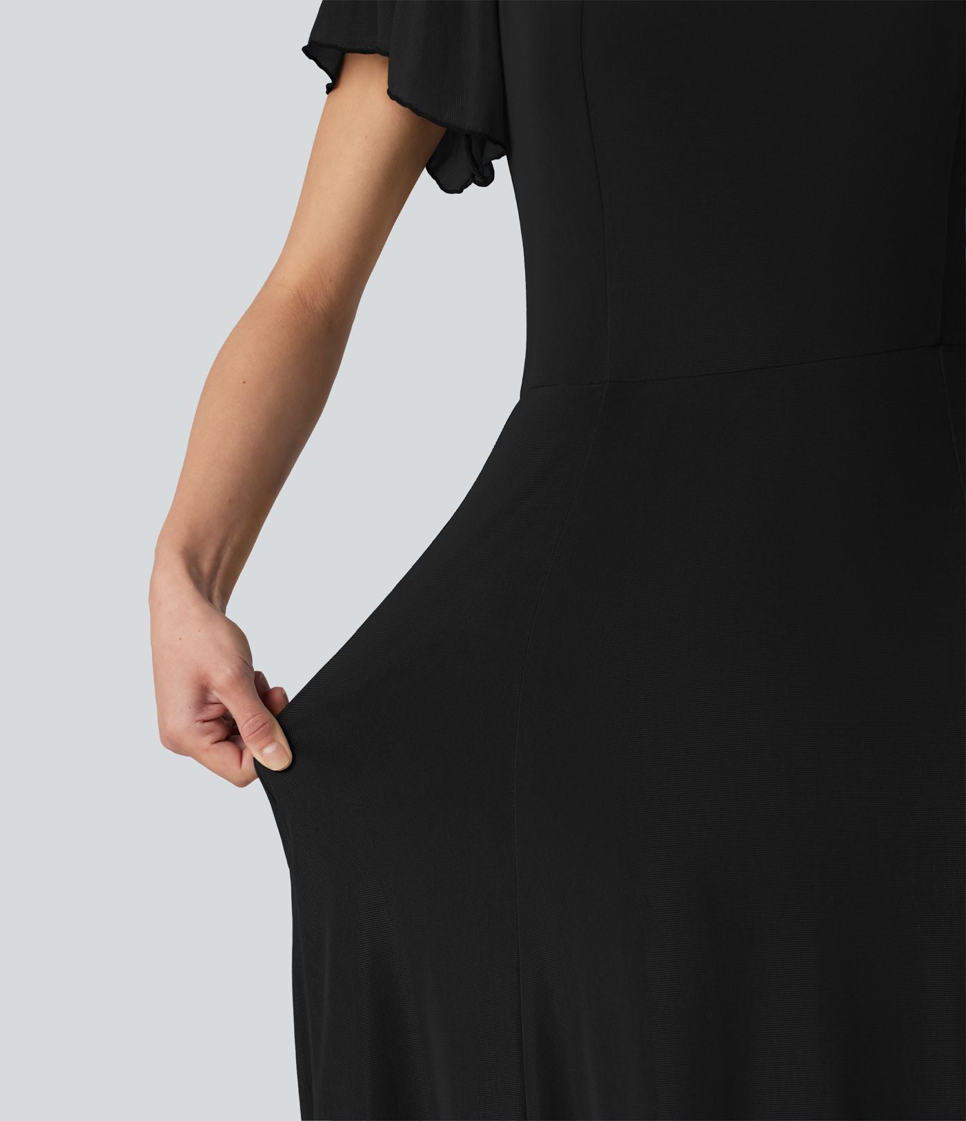 Robe maxi fluide col carré manches courtes soutien-gorge intégré dos noué