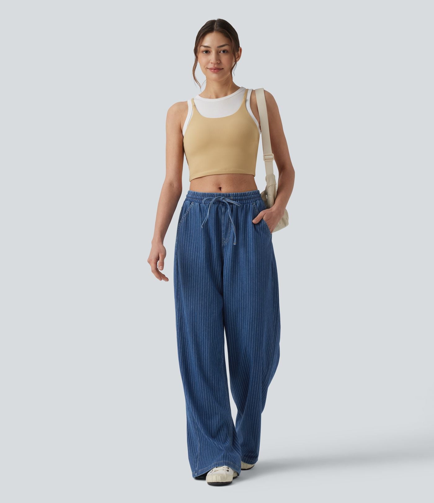 Jean large Halara Flex™ casual à rayures taille mi-haute avec cordon de serrage et poches