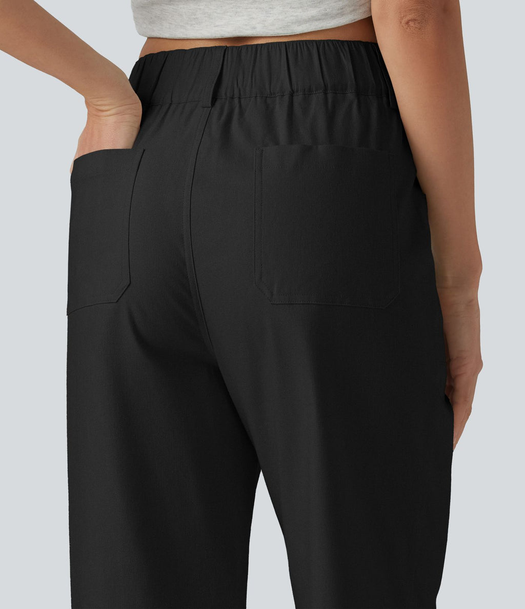 Pantalon droit décontracté en coton et lin taille haute avec poches