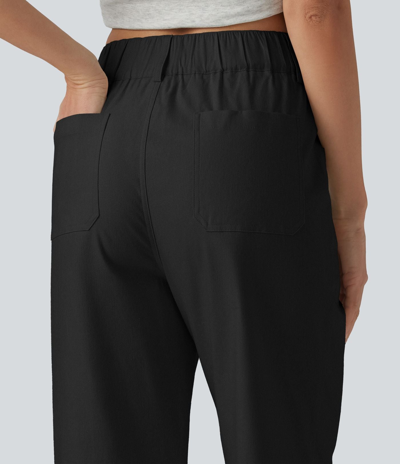Pantalon droit décontracté en coton et lin taille haute avec poches