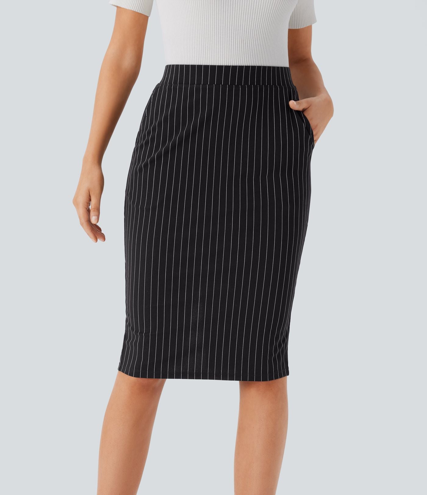 Jupe de travail moulante rayée taille haute avec poches et fentes effet frais InstantCool