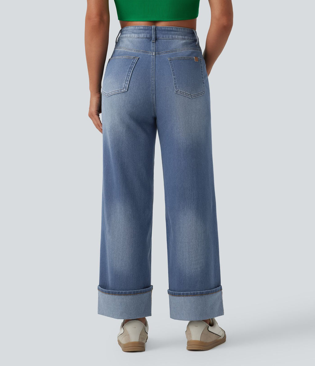 Jean large 7/8 décontracté Halara Flex™ délavé gainant taille haute ourlet roulotté avec poches